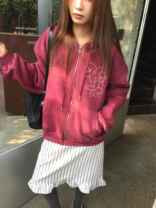Red hoodie that brightens up your face with floral embroidery details