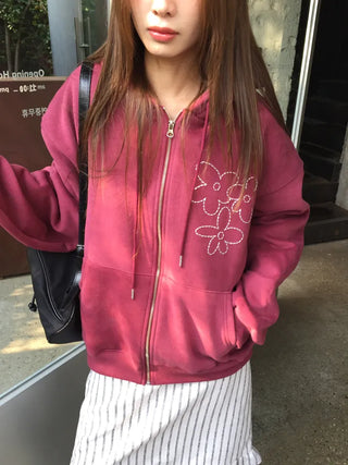 Red hoodie that brightens up your face with floral embroidery details
