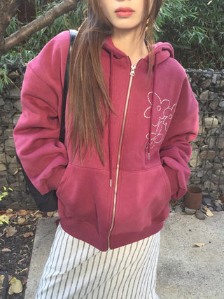 Red hoodie that brightens up your face with floral embroidery details