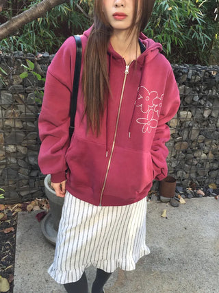 Red hoodie that brightens up your face with floral embroidery details