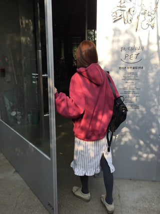 Red hoodie that brightens up your face with floral embroidery details