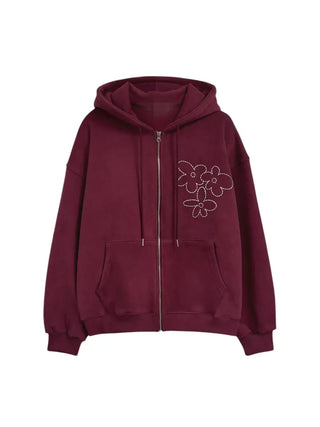Red hoodie that brightens up your face with floral embroidery details