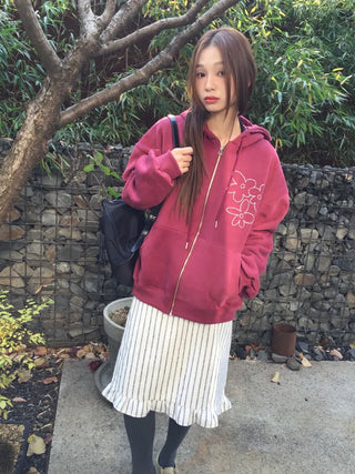 Red hoodie that brightens up your face with floral embroidery details