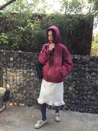 Red hoodie that brightens up your face with floral embroidery details