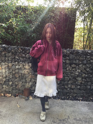 Red hoodie that brightens up your face with floral embroidery details