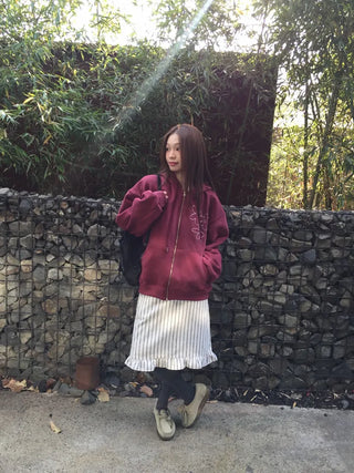 Red hoodie that brightens up your face with floral embroidery details