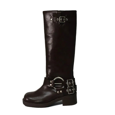 Two-buckle belt strap long boots