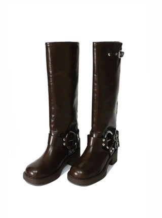 Two-buckle belt strap long boots