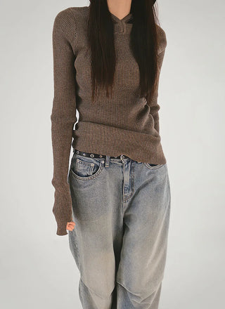 Cut Hoodie Sleeve Cut-Out Ribbed Hoodie