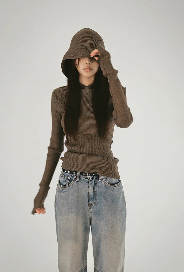 Cut Hoodie Sleeve Cut-Out Ribbed Hoodie