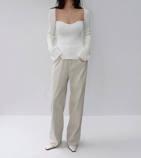 Heartneck Deep Square-Line Slim Sexy Glam Golji Knit Top