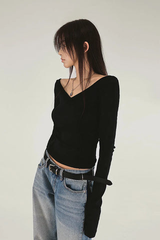 Sensual fleece base soft round U-neck long-sleeved basic tee