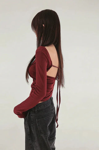 Sensual fleece base soft round U-neck long-sleeved basic tee