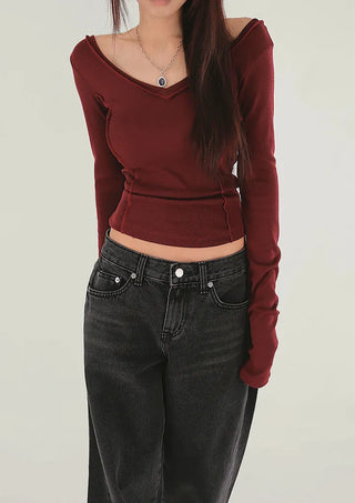 Sensual fleece base soft round U-neck long-sleeved basic tee