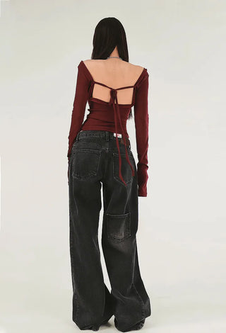 Sensual fleece base soft round U-neck long-sleeved basic tee