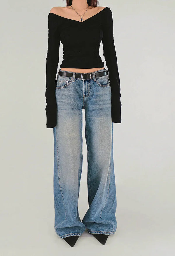 Pew Pew Back Cargo Side Folding Detail Washed Wide Denim Pants