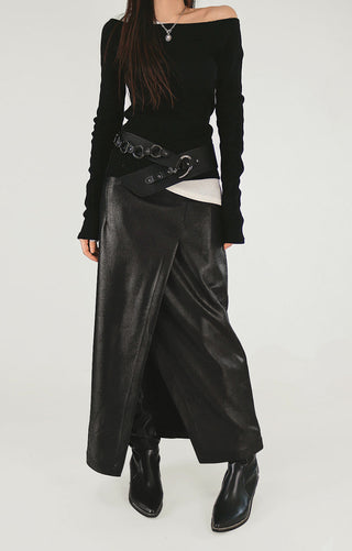 Rib Layered Off-Shoulder Pleated Half Knit Tee