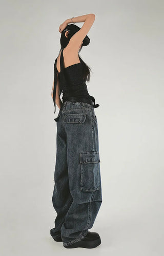 BLACK TO CARGO POCKET CURVED WIDE PANTS