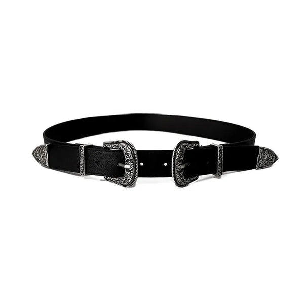 BLACK WESTERN TWO-BUCKLE DOUBLE BELT