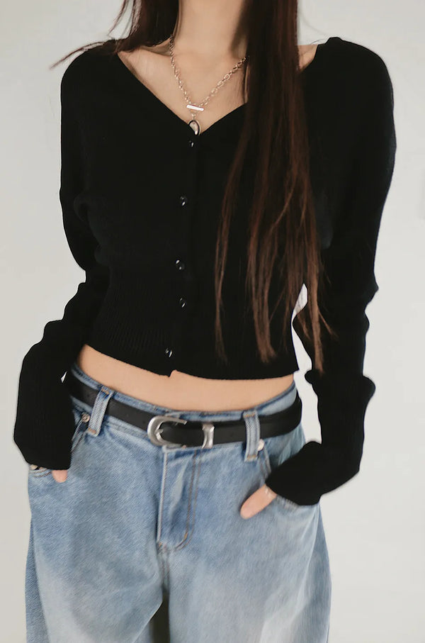 Dell Volume V-Neck Button Neck Cardigan Black