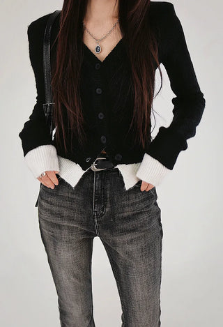 KUY BLACK LAYERED V-NECK KNIT CARDIGAN