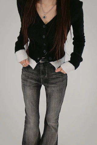 KUY BLACK LAYERED V-NECK KNIT CARDIGAN