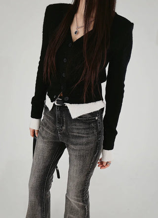 KUY BLACK LAYERED V-NECK KNIT CARDIGAN