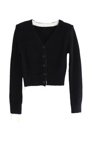 KUY BLACK LAYERED V-NECK KNIT CARDIGAN