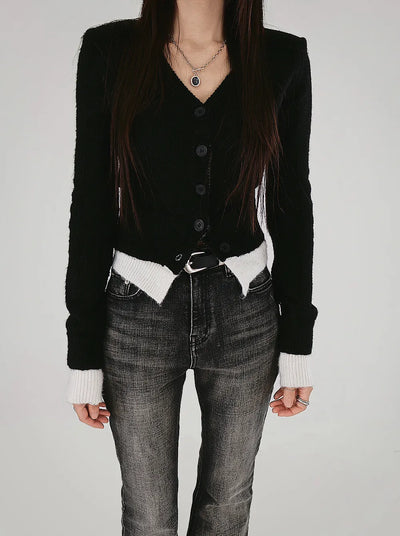 KUY BLACK LAYERED V-NECK KNIT CARDIGAN