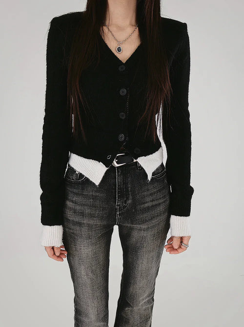 KUY BLACK LAYERED V-NECK KNIT CARDIGAN