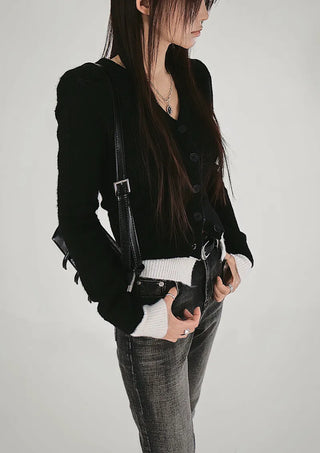 KUY BLACK LAYERED V-NECK KNIT CARDIGAN