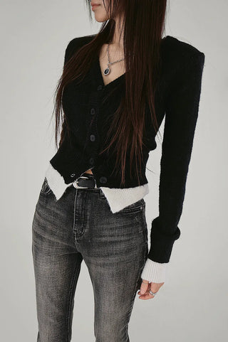 KUY BLACK LAYERED V-NECK KNIT CARDIGAN