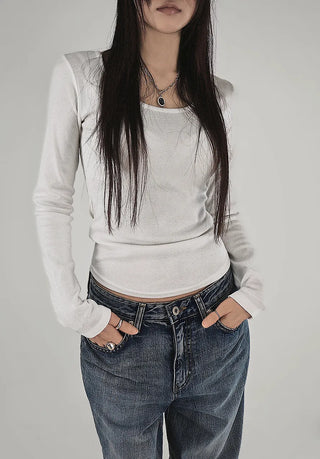 HALF UNBAL ROUNDY BASE U-NECK BASIC LONG-SLEEVED T-SHIRT