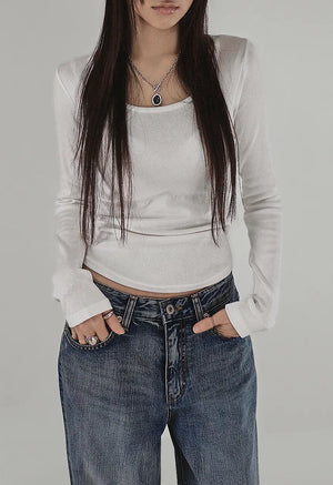 HALF UNBAL ROUNDY BASE U-NECK BASIC LONG-SLEEVED T-SHIRT