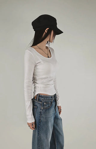 HALF UNBAL ROUNDY BASE U-NECK BASIC LONG-SLEEVED T-SHIRT