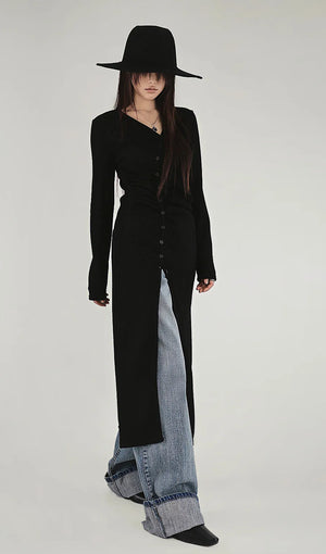 MODE V-NECK SHIRRING BUTTON SLIT LAYERED V-NECK LONG DRESS