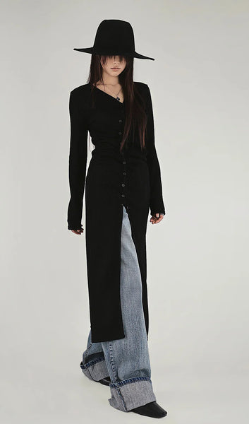 MODE V-NECK SHIRRING BUTTON SLIT LAYERED V-NECK LONG DRESS