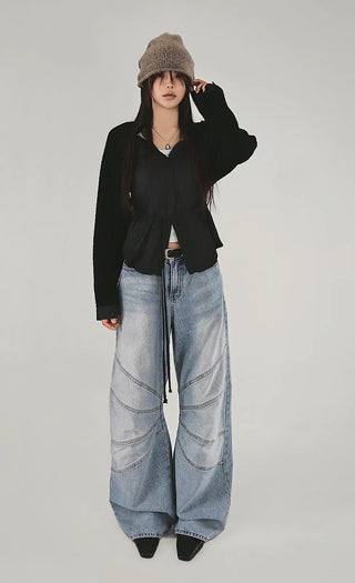 Tone-on-Tone Sleeve Knit Pocket Linkle Shirt Strap Blouse