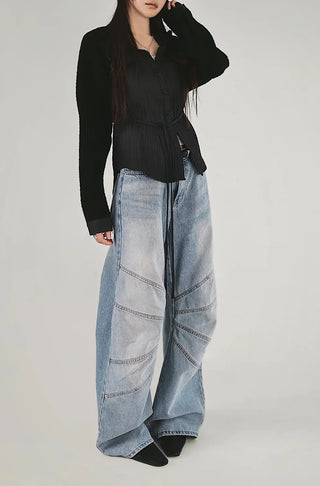 Tone-on-Tone Sleeve Knit Pocket Linkle Shirt Strap Blouse