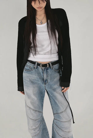 Tone-on-Tone Sleeve Knit Pocket Linkle Shirt Strap Blouse