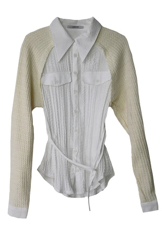 Tone-on-Tone Sleeve Knit Pocket Linkle Shirt Strap Blouse