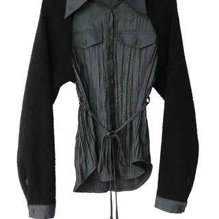 Tone-on-Tone Sleeve Knit Pocket Linkle Shirt Strap Blouse