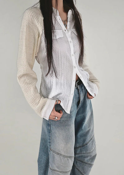 Tone-on-Tone Sleeve Knit Pocket Linkle Shirt Strap Blouse
