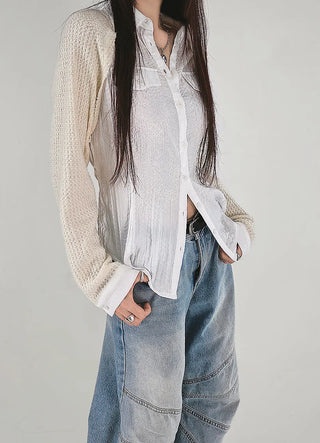 Tone-on-Tone Sleeve Knit Pocket Linkle Shirt Strap Blouse