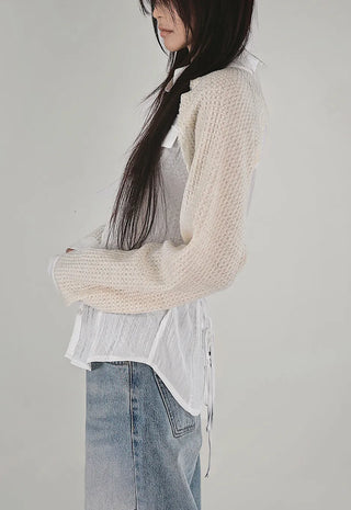 Tone-on-Tone Sleeve Knit Pocket Linkle Shirt Strap Blouse