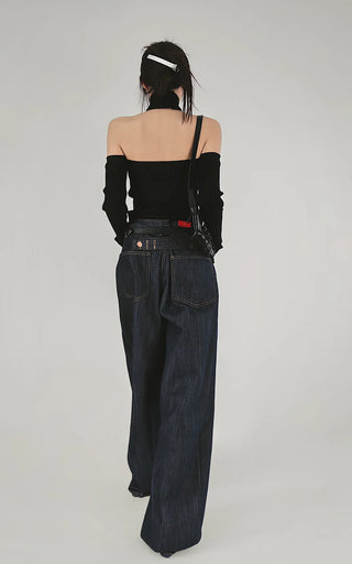 Back Strap Nofade Wide Dark Blue Denim Pants