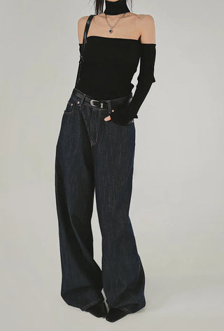 Back Strap Nofade Wide Dark Blue Denim Pants