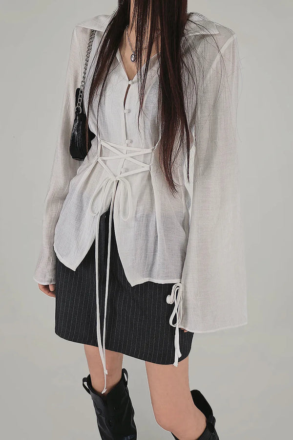 Hears Corset Strap Half See-Through Shirt Blouse