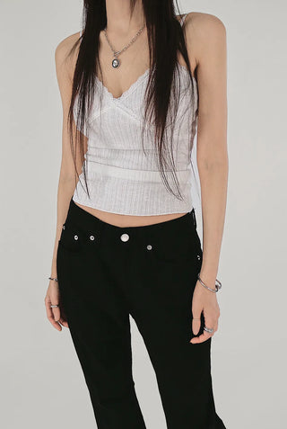 Lace Romantic Slub V-Neck Adjustable Sleeveless Top