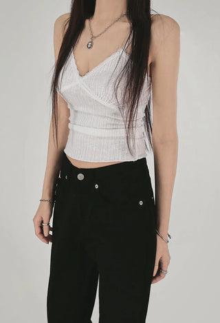 Lace Romantic Slub V-Neck Adjustable Sleeveless Top